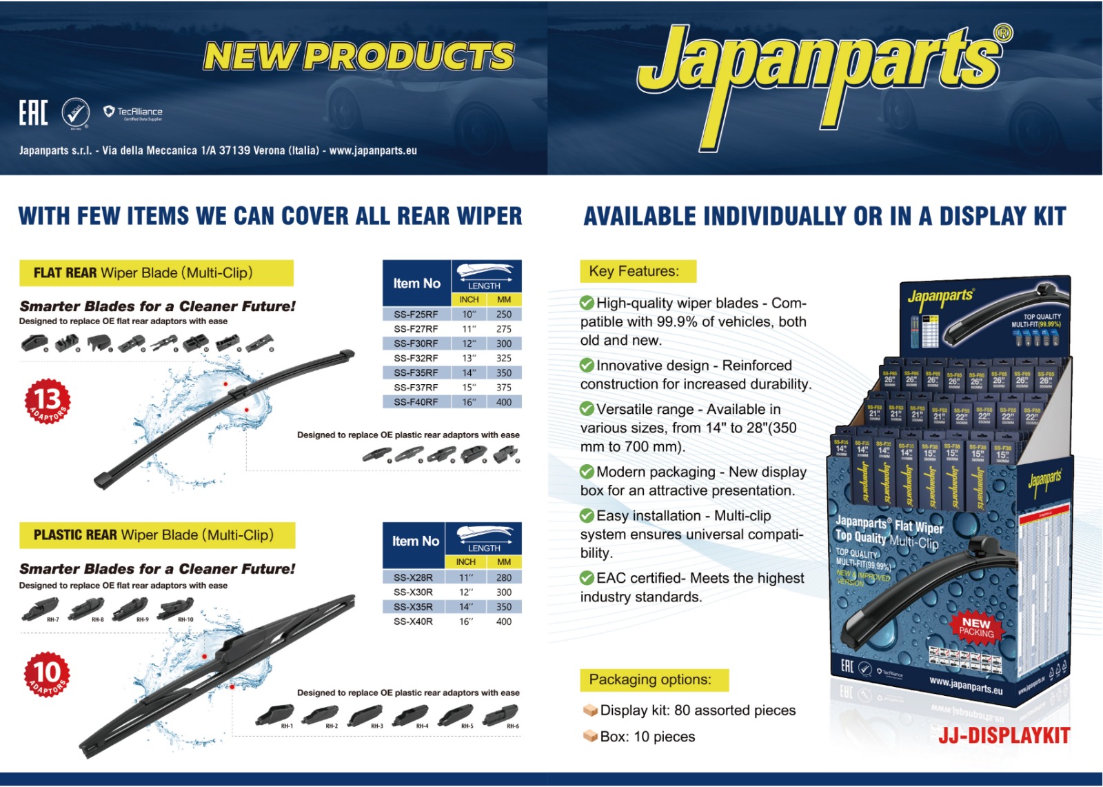 New flat and plastic rear multi-clip wiper blades, and new flat wiper blades display kit